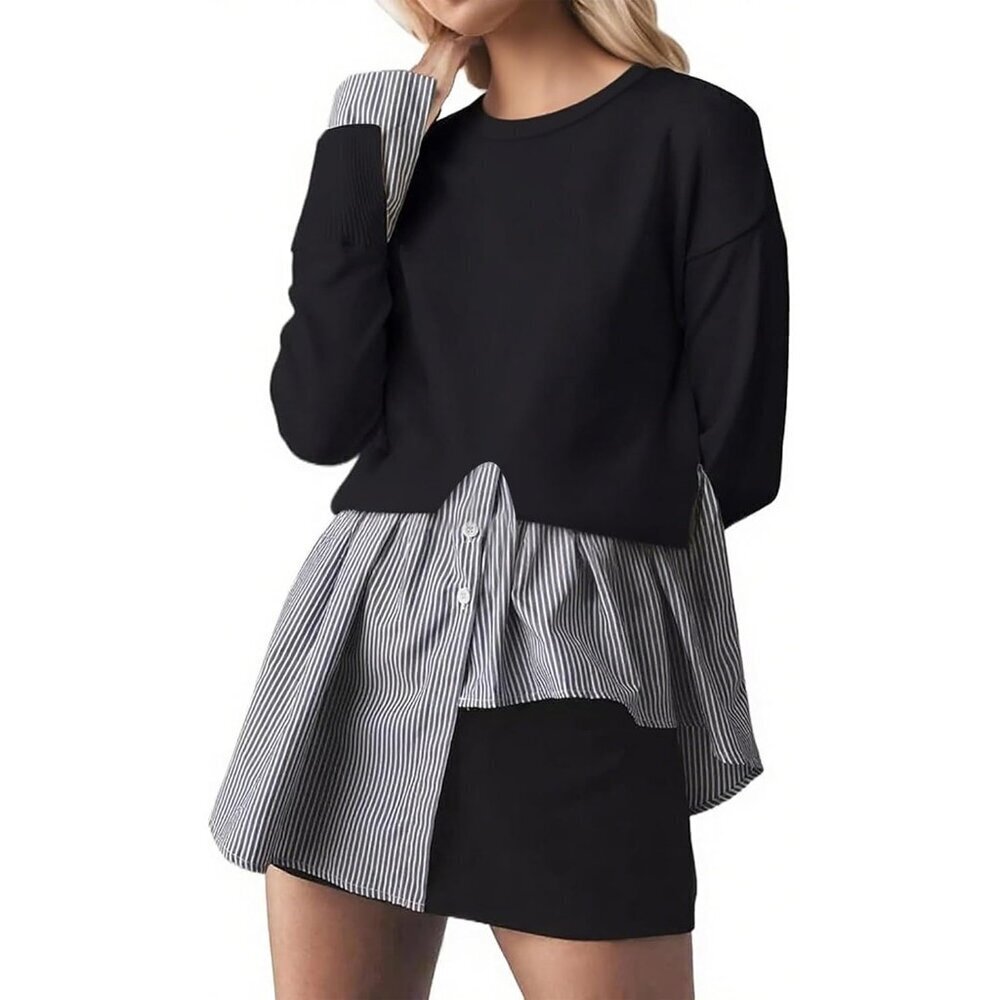 Women Slit Crew Neck Patchwork Sweater Small Casual Asymmetrical Hem Top